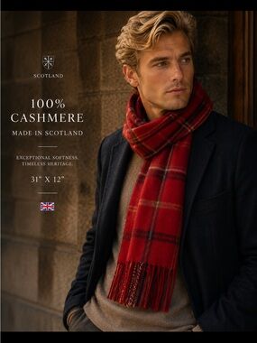 MEN’S SCOTLAND RED PLAID 100% CASHMERE TARTAN SCARF W/ TASSEL FRINGE